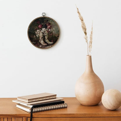 TLESKE Moody Floral Western Cowgirl Round Wall Art Decor Framed 10x10, Preppy Cowgirl Boot Canvas Wall Art Prints Artwork, Dark Academia Cottagecore Hanging Wall Picture Room Door Decor for Bedroom