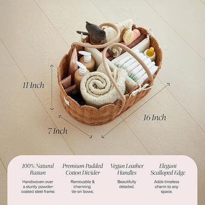 BEBE BASK Premium Baby Diaper Caddy Organizer - Handmade & Award-Winning Scalloped Rattan Basket - Luxury Diaper Caddy Basket - Elegant Scalloped Edge (Mocca)