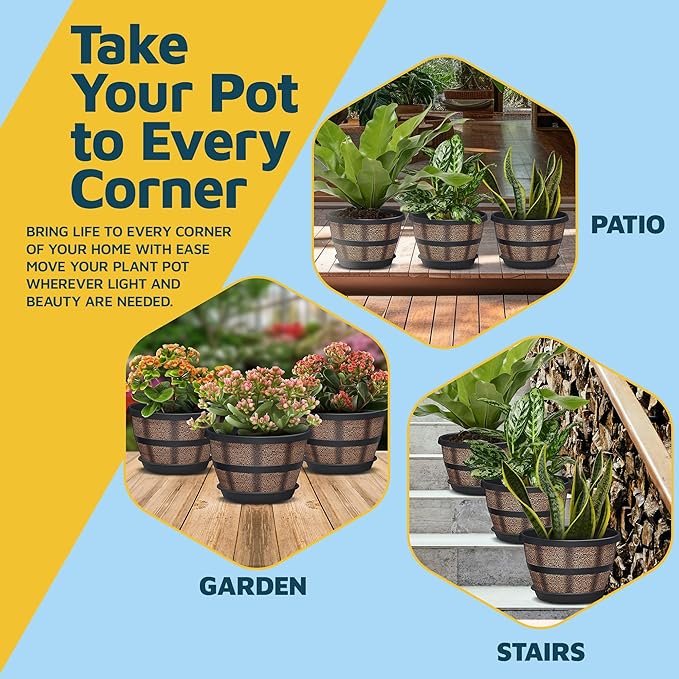 10-Inch Whiskey Barrel Planters Outdoor Pack of 20 - Durable Plastic Plant Pots for Indoor & Outdoor Use with Drainage & Saucer, Lightweight Rustic Barrel Planters for Flowers, Herbs & Small Plants