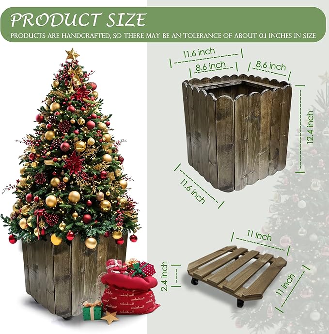Outdoor Tall Large Square Wood Planter Box Caddy with 360° Lockable Wheels, Indoor Garden Flower Plant Pot Rolling Stand (Grey)