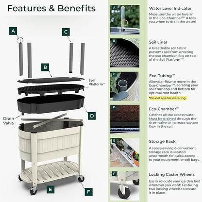 Permasteel Raised Garden Bed with Legs, Planter Box with EnGrow™ TrueSoil™ Technology for Vegetables, Flowers, Herbs, and Fruit, Outdoor Indoor, Storage Shelf, Caster Wheels, Ivory