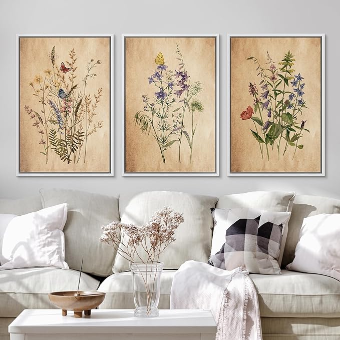 Ashbrook Framed Canvas Print Wall Art Set Vintage Wildflower Bouquet Nature Wilderness Illustrations Modern Art Decorative Floral Botanical Minimal Calm/Relax/Cozy for Bedroom - 24"x36"x3 WHITE