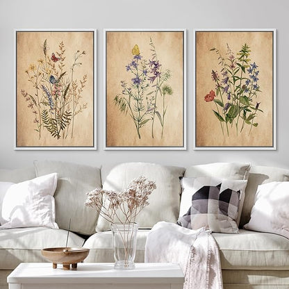 Ashbrook Framed Canvas Print Wall Art Set Vintage Wildflower Bouquet Nature Wilderness Illustrations Modern Art Decorative Floral Botanical Minimal Calm/Relax/Cozy for Bedroom - 16"x24"x3 WHITE