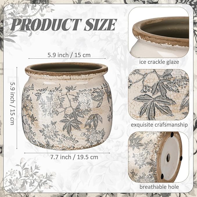 7.7" Large Vintage Ceramic Plant Pot with Baroque Floral Pattern Beige Gray Rustic Planter with Ice Crackle Glaze & Drainage Hole for Indoor Outdoor Plants Home Office Kitchen Decor Gift