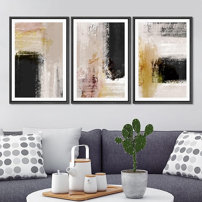 Ashbrook Framed Wall Art Print Set Brown, Black, Yellow Color Block Landscape Abstract Shapes Illustrations Modern Art Boho Scenic Colorful for Living Room, Bedroom, Office - 24"x36"x3 Black