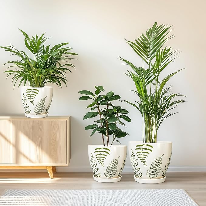 Ceramic Plant Pots Indoor - 10+8+6 Inch Ceramic Planters for Outdoor Flowers, Boho Round Decorative Flower Pots with Drainage Holes and Saucers, Plant Lover Gifts, Patio Decor, Set of 3, White