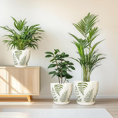 Ceramic Plant Pots Indoor - 10+8+6 Inch Ceramic Planters for Outdoor Flowers, Boho Round Decorative Flower Pots with Drainage Holes and Saucers, Plant Lover Gifts, Patio Decor, Set of 3, White