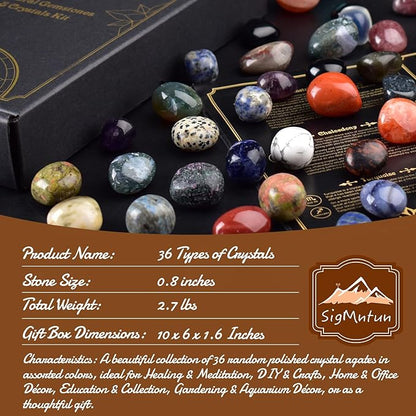 Polished Healing Crystal Stones Set, 36 Different Natural Gemstone Types, 2.5 lbs of 0.8" Tumbled Decorative Rocks Collection for Chakra, Meditation, Reiki, Energy Work, Crafts, Gifts