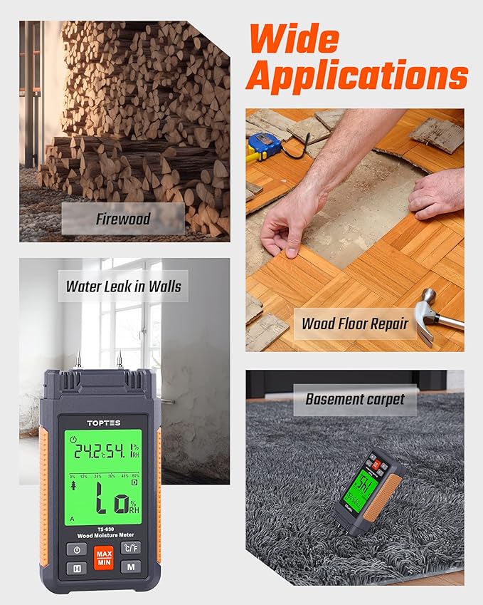 Wood Moisture Meter, TopTes Digital Moisture Meter TS-630, Handheld Humidity Tester with 2.25-inch LCD Display, Tricolor Backlight, Check The Dampness Level on Firewood/Drywall - Orange