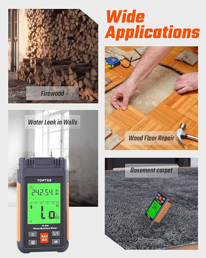 Wood Moisture Meter, TopTes Digital Moisture Meter TS-630, Handheld Humidity Tester with 2.25-inch LCD Display, Tricolor Backlight, Check The Dampness Level on Firewood/Drywall - Orange