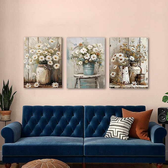 DUWQU 3 PCS Elegant Farmhouse Canvas Wall Art, Vintage Floral Pictures Wall Decor, Nature Themed Daisy Art Prints for Living Room Bedroom Kitchen and Office Ready to Hang 16×24 Inches