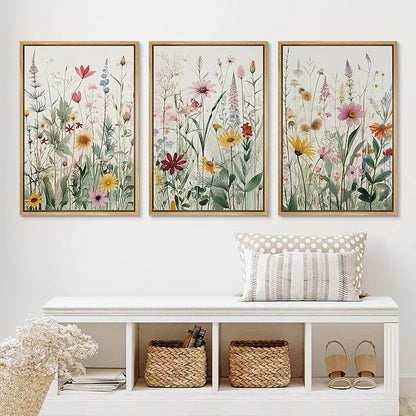 Ashbrook Framed Canvas Print Wall Art Set Garden Forest Wildflowers Nature Wilderness Illustrations Modern Art Decorative Floral Botanical Calm/Relax/Cozy for Bedroom - 24"x36"x3 Natural