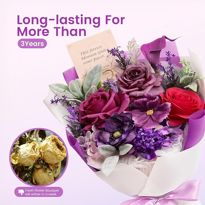 TINGE TIME Aritifical Flowers Bouquet, Purple Gift Bouquet, Birthday Gifts for Women, Eternal Roses Bouquet for Grandma Wife Anniversary