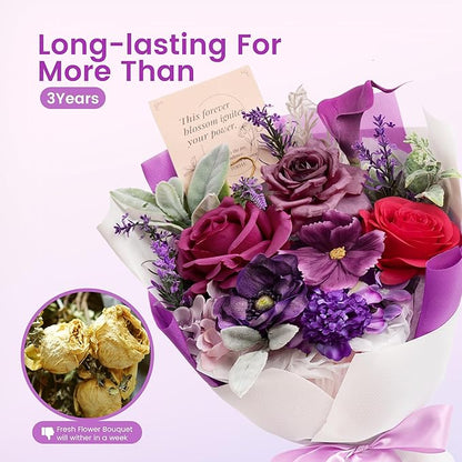 TINGE TIME Aritifical Flowers Bouquet, Purple Gift Bouquet, Birthday Gifts for Women, Eternal Roses Bouquet for Grandma Wife Anniversary