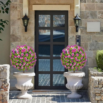25" Artificial Boxwood Topiary Ball Trees with Purple Daisy, Fake Mums Plants with Ground Spike，Set of 2 UV Resistant Faux Bushes, Fake Shrubs for Garden, Patio, Porch, Yard, Indoor