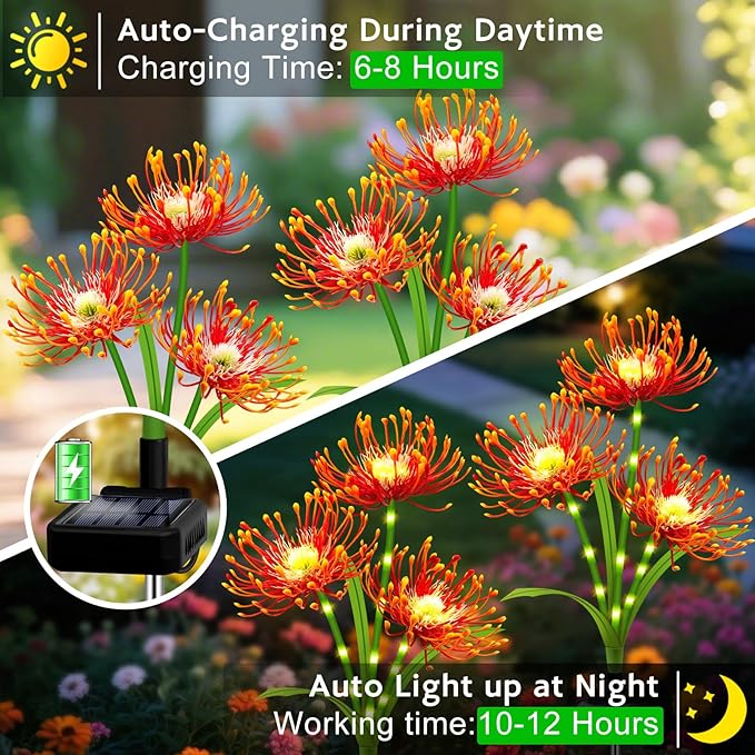 Solar Garden Flower Lights Outdoor,2 Pack 6-Head Orange Spider Lily Waterproof with Glowing Stems,Elegant Yard & Patio Decor,Ideal Thanksgiving,Christmas & Gardening Gifts for Women,Mothers & Grandma