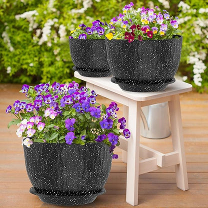 12/10/9 Inch Planter Pots, 3-Pack Large Flower Pots for Indoor Outdoor Garden Plants, Big Plant Pots with Multi Mesh Drainage Holes and Saucer (Speckled Black, 12"+10"+9")