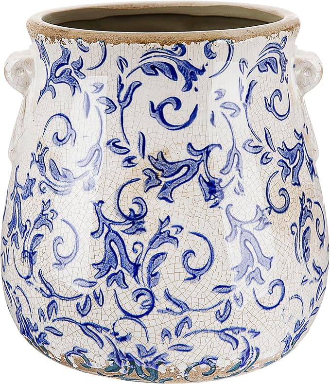 Ceramic Scroll Planter 6.5 Inch Chinoiserie Floral Vase with Drainage Holes Vintage Flower Vase Flower Pot Rustic Ceramic Pots for Indoor Plants Garden Home Bookshelf Decor (Retro Blue)