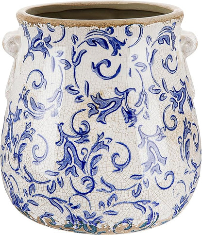 Ceramic Scroll Planter 6.5 Inch Chinoiserie Floral Vase with Drainage Holes Vintage Flower Vase Flower Pot Rustic Ceramic Pots for Indoor Plants Garden Home Bookshelf Decor (Retro Blue)