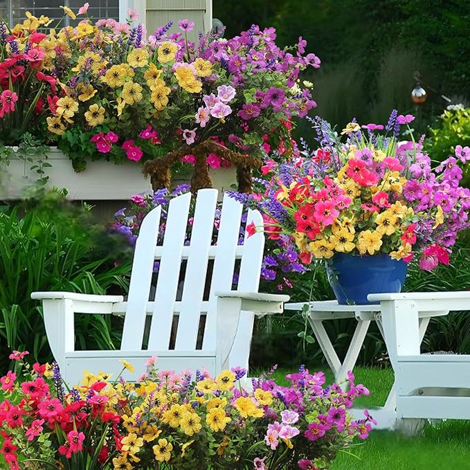 12 Outdoor Artificial Flower Pieces, Bulk Fake Plastic Plants for Porch, Window, Home & Wedding Decoration in Fall and Summer, Ideal for Hanging Planters (Spring Grass Flower).
