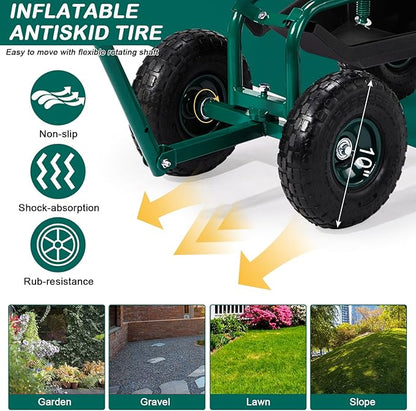 Outvita Rolling Garden Seat with Wheels, Gardening Stool with Height Adjustable 360 Degree Swivel Seat, Ergonomic Backrest, Tool Tray & Storage Basket, Outdoor Gardening Scooter Cart for Patio, Green