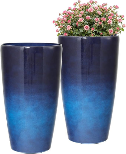 22.8" H Deep Water Blue Planters for Outdoor Plants, Set of 2 Large Flower Pot with Drainage Hole, Weather-Resistant for Porch,Garden,Patio or Indoor Use. Ideal for Christmas Decoration