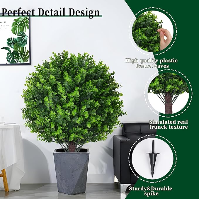 Artificial Eucalyptus Topiary Ball Trees, 2 Set of 16'' UV Resistant Fake Evergreen Shrubs Bushes Plants with Ground Spike, Fake Plants for Outdoor Indoor Front Porch Garden