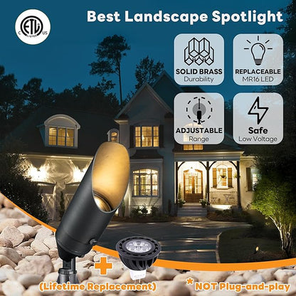 Gardenreet Low Voltage Spotlight - Outdoor Light Fixture 12V AC/DC, Brass Landscape Lights LED Hardwired, Weather Proof Bronze for Flag Wreath with Cool Light MR16 Removable Bulbs (10 Pack)