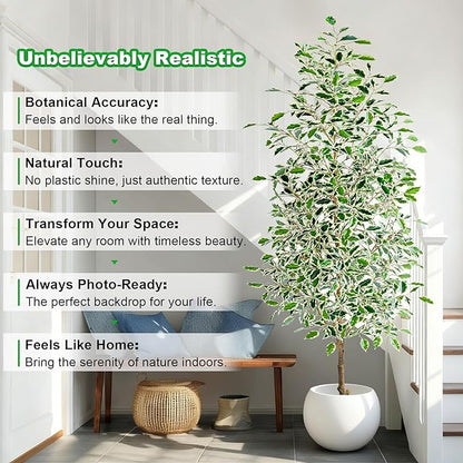 7FT Artificial Ficus Trees Indoor Faux Trees Indoor Fake Floor Plants Tall Artificial Tree with White Pot Faux Tree Fake Indoor Tree Silk Plants Artificial Trees for Home Decor Indoor
