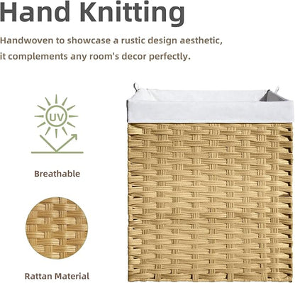 Woven Rattan Laundry Hamper with Lid & Handles,90L Foldable Laundry Basket Includes Machine Washable Removable Liner with 2 Compartments for Storage Basket for Bedroom, Bathroom(Yellow)