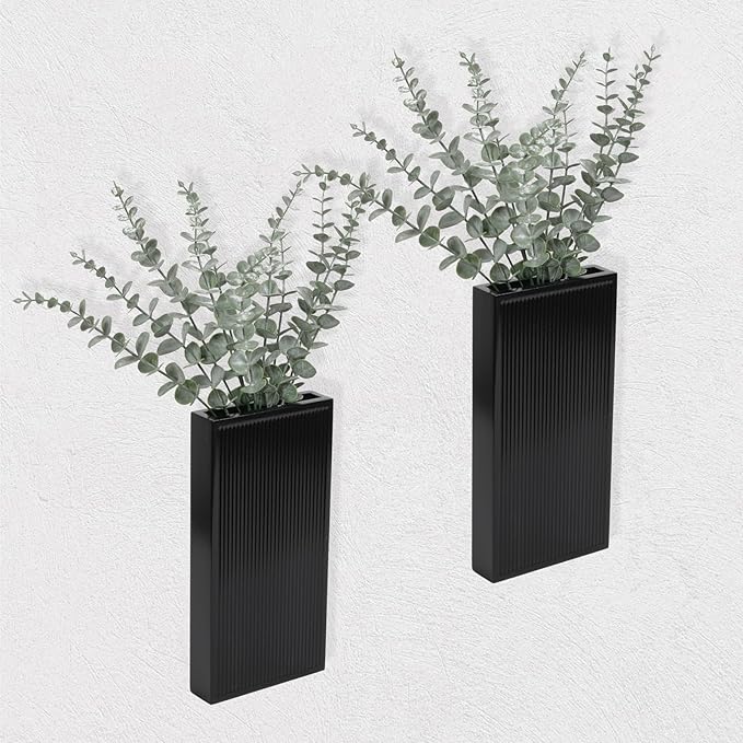Wood Wall Planter Set of 2, Modern Wall Hanging Decor Pocket Planter for Greenery and Dried Flowers, Indoor Wood Hanging Vase (Black)