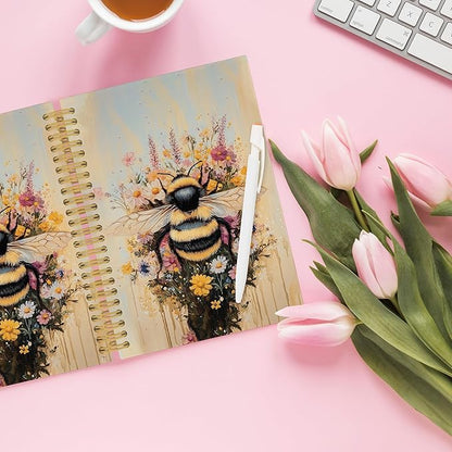 Vintage Bee Spiral Notebook, Retro Animal Bumble Honeybee Journaling Notebooks Gift for Teacher Student Women, Spring Flower Plant Hardcover Journals for School Office, 160 Pages 5.5 x 8.3 Inch
