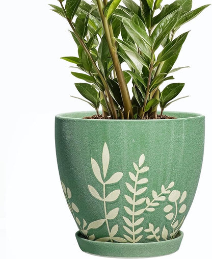 8 Inch Indoor Plant Pot with Drainage and Saucer - Ceramic Planter for Indoor Outdoor Plants, Decorative Flower Pot, Desk Home Office Garden Decor, Plant Lovers Gifts, Green