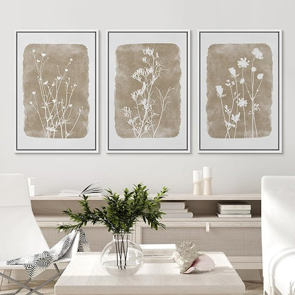 Ashbrook Framed Canvas Print Wall Art Set Vintage Country Farmhouse Flower Silhouette Nature Wilderness Illustrations Floral Botanical Minimal Calm/Relax/Cozy for Bedroom - 16"x24"x3 WHITE