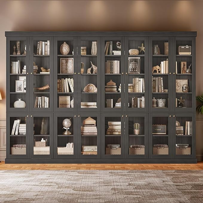Vyre 70.8" Tall Black Bookshelf with Glass Doors, Farmhouse Modular Bookcase with 6-Tier Adjustable Shelves, Large Storage Cabinet for Home Office, Living Room, Set of 4