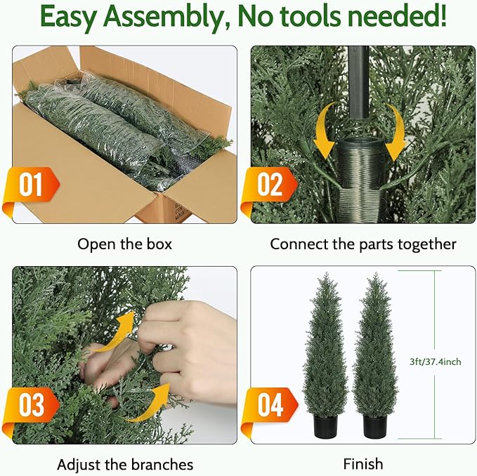 3FT Artificial Topiary Cedar Trees, 2-Pack Realistic Pre-Potted UV Resistant Faux Cypress Plants for Home Porch, Garden, and Entryway Decor