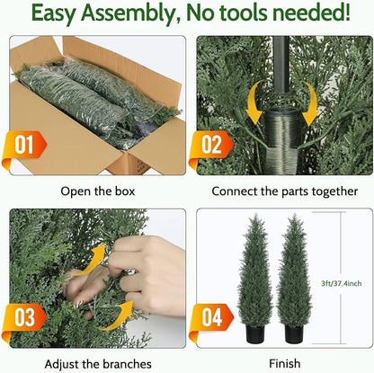 3FT Artificial Topiary Cedar Trees, 2-Pack Realistic Pre-Potted UV Resistant Faux Cypress Plants for Home Porch, Garden, and Entryway Decor