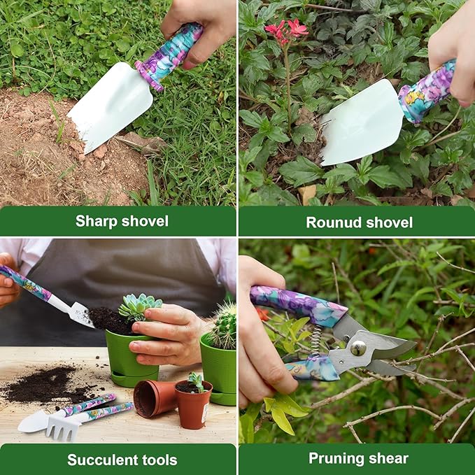 Gardening Tools Set for Women, 10-Piece Purple Floral Heavy Duty Garden Tool Set with Storage Tote Bag, Gardening Tools Kit with Ergonomic Non-Slip Handle, Ideal Women's Gift for Gardening