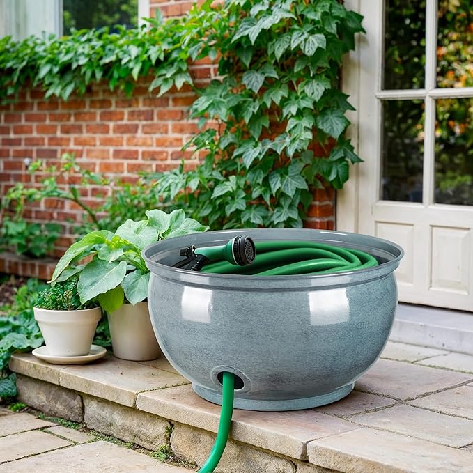 Monarch Abode Garden Hose Holder with Lid – Decorative Water Hose Holders for Outside, Smooth Metal Patina Pot with Drainage, 100ft Waterhose Holder for Outside, Garden Storage Caddy