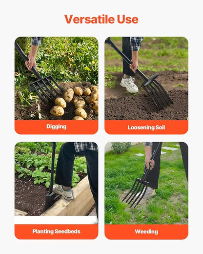 VEVOR Garden Fork, 5-Tine Gardening Pitchfork with Metal Handle, 41 in Heavy Duty Digging Fork with Y Grip, Forged Steel Spading Fork for Hay Potato Composting Transplanting Aeration