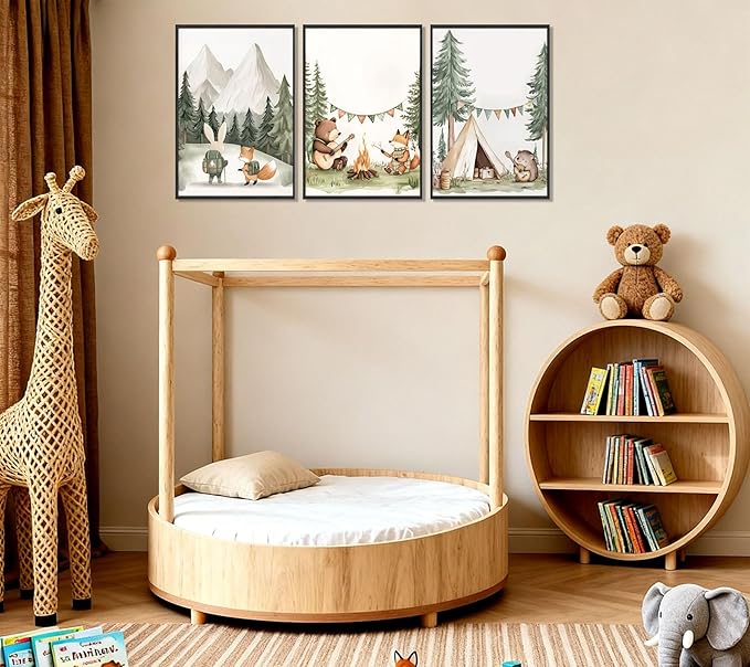 3Pcs Woodland Animal Nursery Wall Art Fox Bear Rabbit Hedgehog Paintings Pictures Safari Wall Decor Poster Prints Forest Animals Camping Campfire Artwork for Boys Kids Girl Room Decoration 12x16