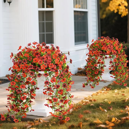 Fake Artificial Hanging Flowers for Outdoors, 2 Pcs Fake Hanging Plant Spring Summer Decor, UV Resistant No Fade Faux Silk Daisy Flower for Front Door Porch Planter Patio Yard Garden(Red Brown)