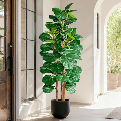 Artificial Fiddle Leaf Fig Tree 5FT, Faux Fig Tree Indoor with Natural Wood Trunk & Realistic Leaves with Moss Pot Fake Ficus Tree Large Faux Floor Plant for Living Room Home Decor, House Plant
