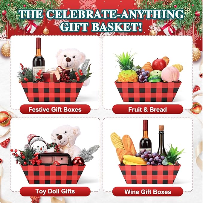 AFOROEOA 10PACK Christmas Gift Baskets Empty, Baskets For Gifts Empty 10x12”Thick Gifts Basket with 10 Bows 10 Bags Gift Basket for Christmas Xmas Wedding Birthdays Party Wrapping （Red Plaid）
