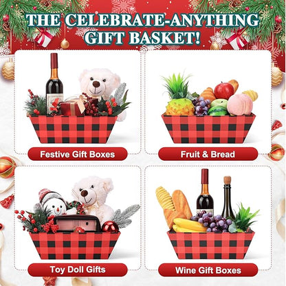 AFOROEOA 10PACK Christmas Gift Baskets Empty, Baskets For Gifts Empty 10x12”Thick Gifts Basket with 10 Bows 10 Bags Gift Basket for Christmas Xmas Wedding Birthdays Party Wrapping （Red Plaid）