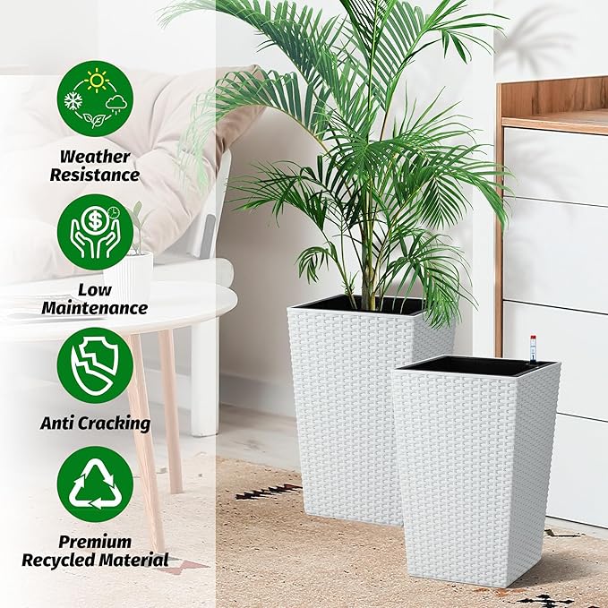 GarveeLife 16 Inch Tall Rattan Planter Set of 4, Self Watering Plant Pots with Water Level Monitor, Outdoor and Indoor Flower Pots for Patio, Porch, Living Room, or Home Office, White