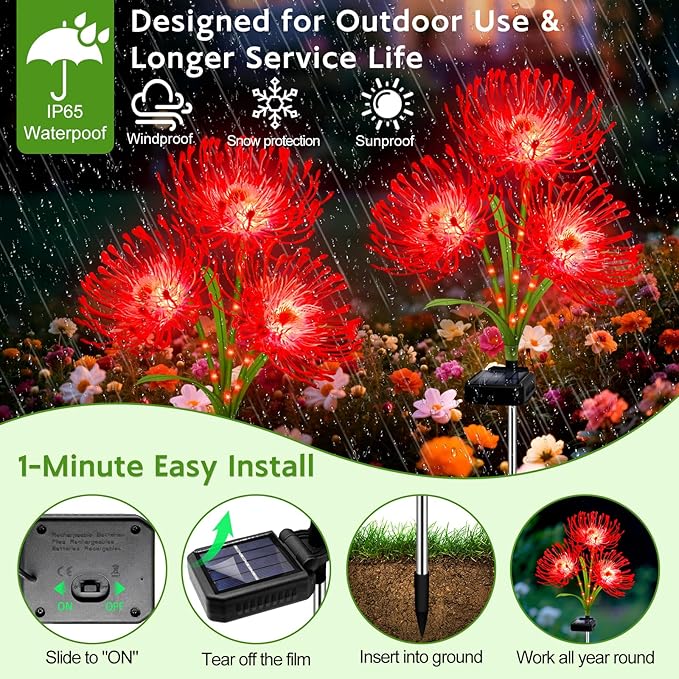Solar Garden Flower Lights Outdoor,4 Pack 12-Head Red Spider Lily Waterproof with Glowing Stems,Elegant Yard & Patio Decor,Ideal Valentine's,Christmas & Gardening Gifts for Women,Mothers & Grandma
