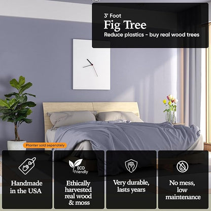 Cypress & Alabaster Handmade 3ft Fiddle Leaf Fig Ficus Lyrata Artificial Tree with Ethically Sourced Real Wood Trunks, Hypoallergenic, 3-Foot, Green