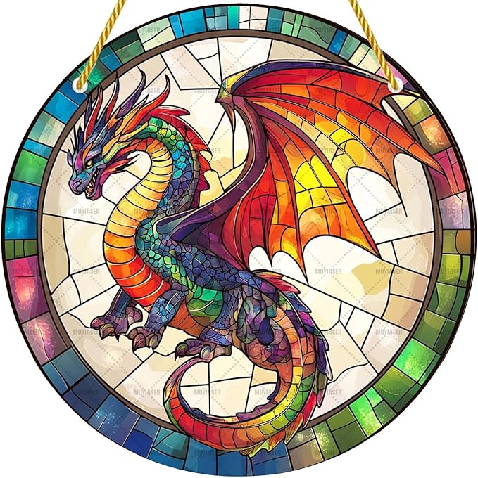 Acrylic Stained Window Hanging Dragon Acrylic Decoration for Indoor Outdoor Home Bar Office Garden Plastic Ornament Decor 12x12 Inch