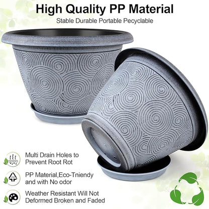8 Inch Flower Pots Planters for Indoor Outdoor Plants, 4 Pack Plastic Small Plant Pots with Drainage Hole & Tray, Modern Decorative Garden Pot with Saucer, Plant Container for House